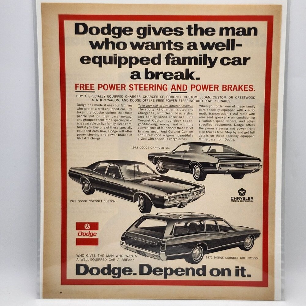 1972 Dodge Magazine Print Ad Charger SE Coronet Custom Crestwood Wagon Vintage